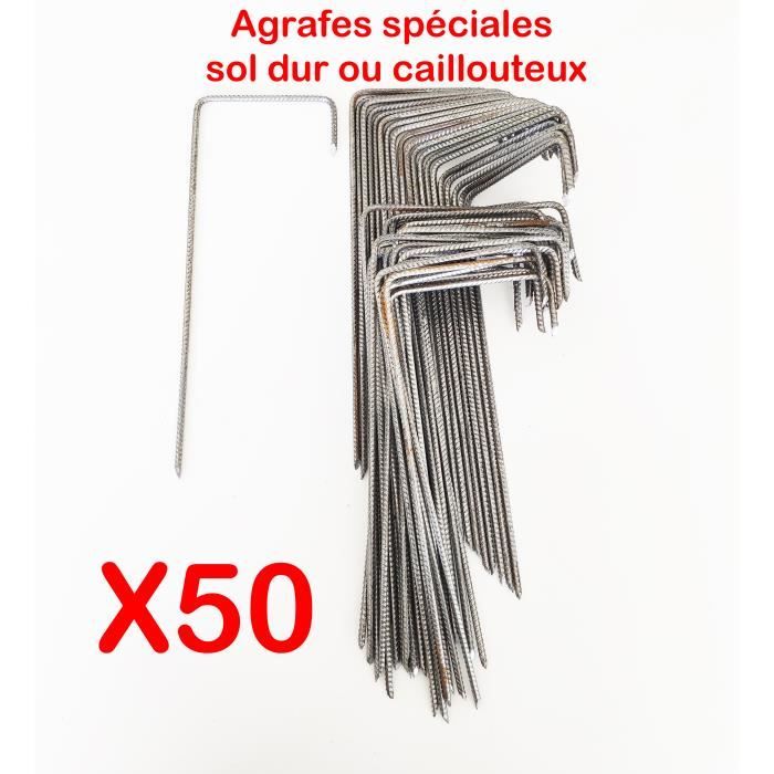 Lot de 50 Agrafes de fixation Métal pour toile de paillage ou géotextile avec pointes biseautées 24cmX9cmX4cm / Spécial sol dur