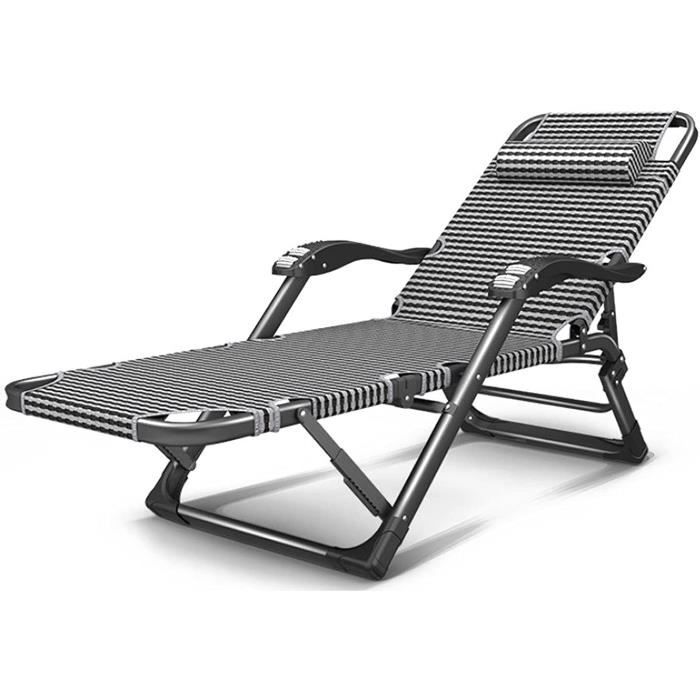 Chaise Longue Pliante Jardin Avec Coussin - Dossier Réglable 0-170° - Porte-Gobelet - Transat Pliable Pour Piscine, Plage, Camping - Rayures Noires