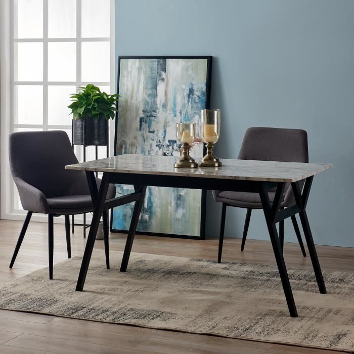 Table A Manger Rectangulaire Faux Marbre Blanc Pieds Noir