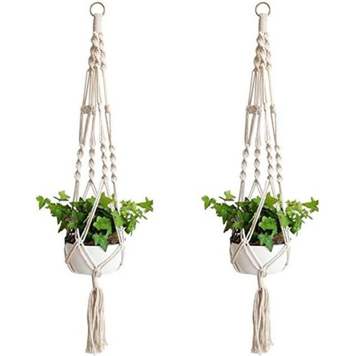 Porte-plante Mural En Macramé Blanc - Suspension Pour Pot Jusqu'à 18 Cm - Coton Fait Main 109 Cm - Décoration Bohème