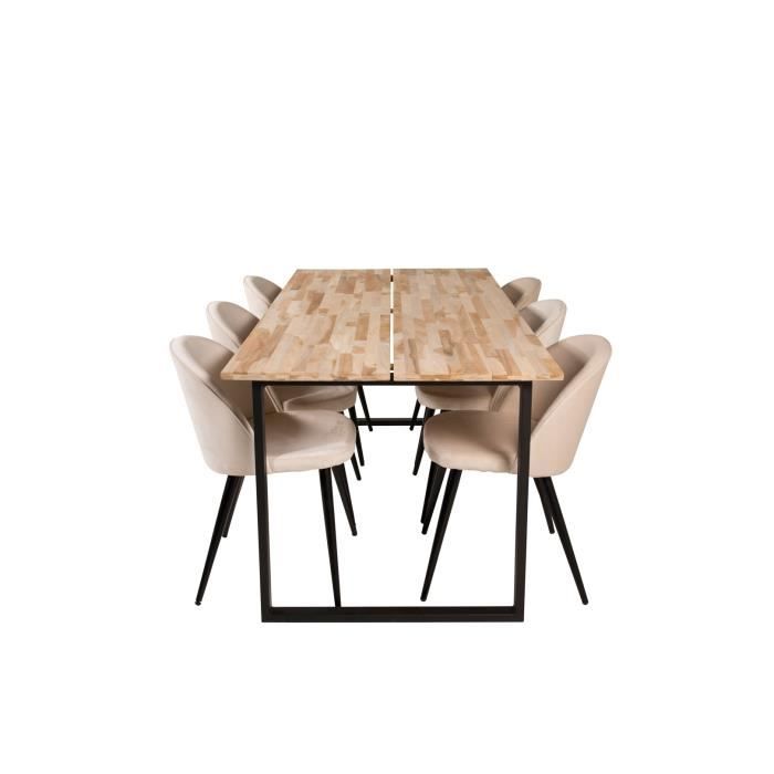 cirebonbl ensemble table, table teck et 6 velvet chaises velours beige, noir.