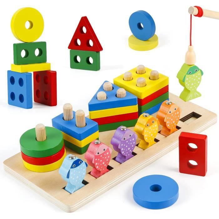 Jeux Montessori 1 2 3 4 Ans, Jouet Enfant 2 en 1 Fille Éducatif, Jouet en  Bois à Empiler et de Tri, Jeux de Peche en Bois, Puzzles