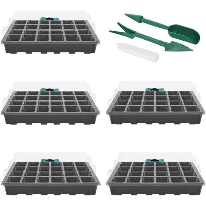KAHEIGN Lot de 4 bols de culture pour plantes, 24 cellules, en plastique, avec ouvertures d'aération réglables, pour serre (avec 4 couvercles et socle