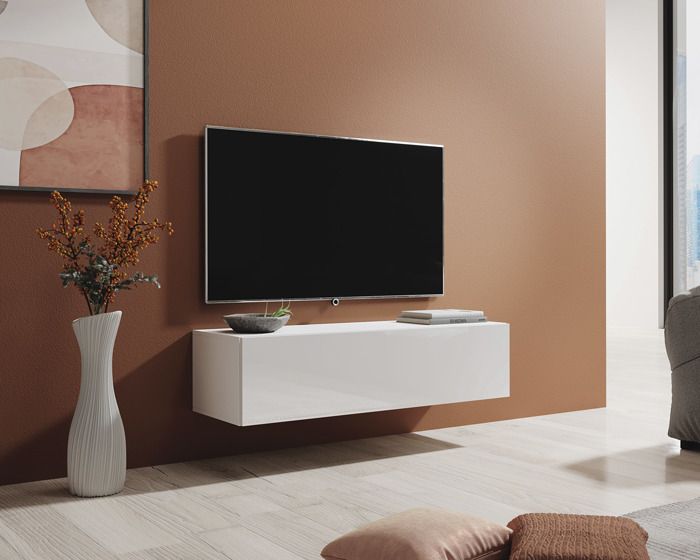 meuble tv - berit - 120 x 30 x 40cm - 2 compartiments - blanc finition brillante - système push-click