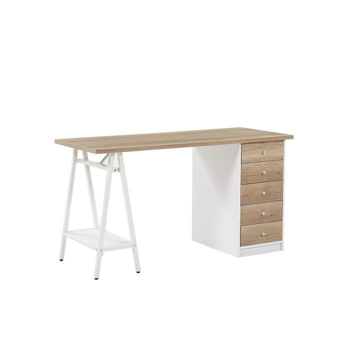 Beliani - Bureau effet bois clair et blanc avec 5 tiroirs 140 x 60 cm HEBER Beliani - Bureau effet bois clair et blanc avec 5 tiroirs 140 x 60 cm HEBER