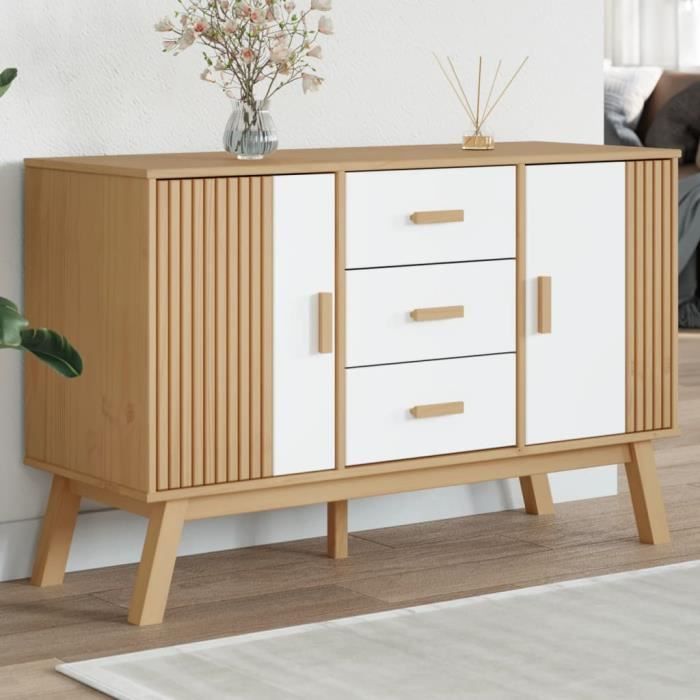 Buffet - DUOKON - OLDEN - Bois massif de pin - 3 tiroirs - 2 compartiments - Design scandinave