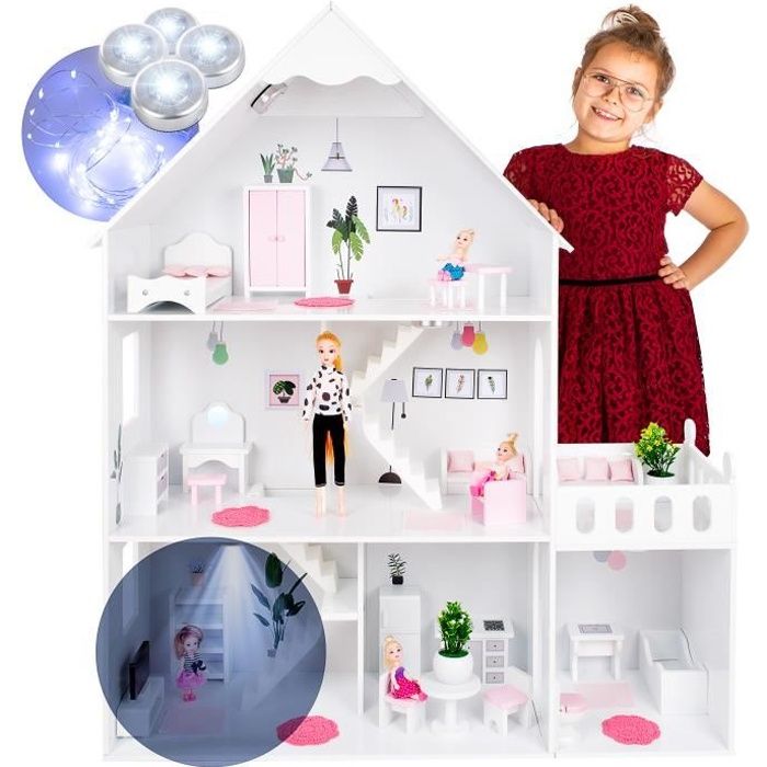 Kinderplay Grande Maison Poupee Bois - de poupée Barbie, Version avec  Accents Roses, 52 accessoires inclus, éclairage LED - Cdiscount Jeux -  Jouets