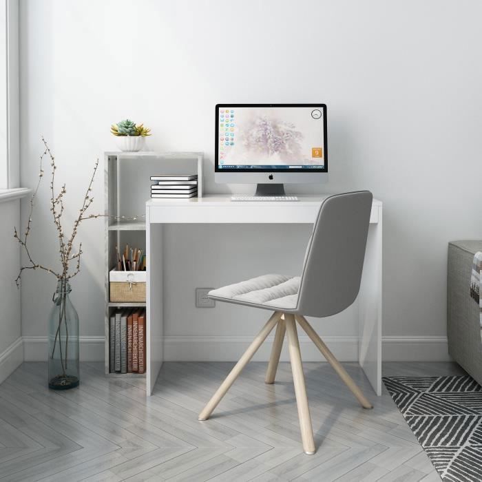 Bureau d'Ordinateur, Bureau Informatique, Table de Travail, Avec étagères, Etagère de Rangement, en Bois, Blanc&Gris - MONDEER