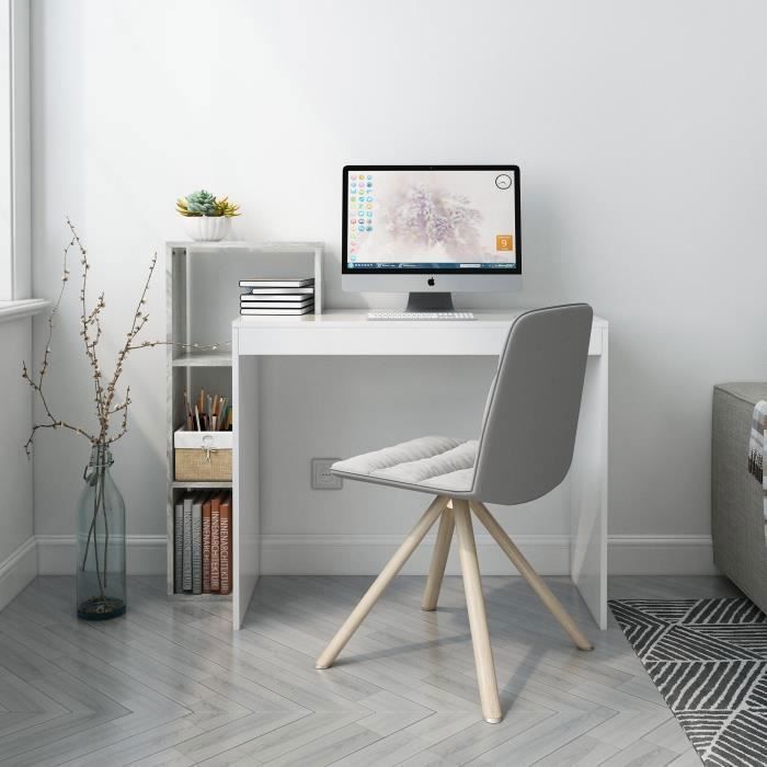 Bureau d'Ordinateur en Bois Blanc&Gris avec étagères et rangement - MONDEER