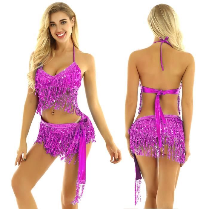 Femme Mini Robe Danse Orientale À Franges Paillettes Tenue Latine Tango  Samba Salsa Soirée Asymétrique Jupe Bra Danse du Ventre - Cdiscount Sport