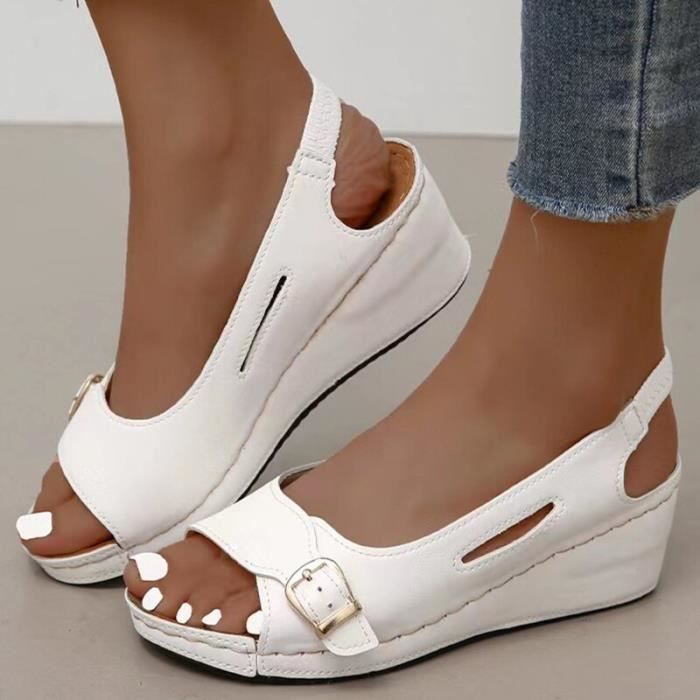 Sandales compensees pour femmes VITATA Blanc Talon plat Bride Respirantes et antiderapantes Blanc Cdiscount Chaussures