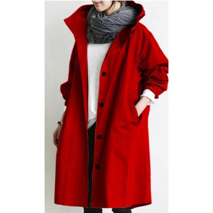 Trench Coat Long pour Femme Trench Couleur Unie Coupe Vent Printemps Automne Manteau a Capuche Impermeable d Exterieur Rouge