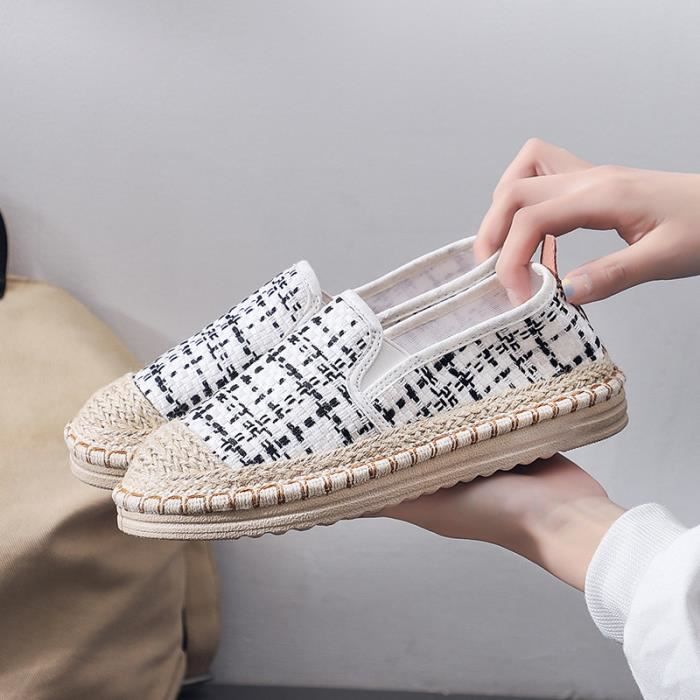 INSFITY Espadrille Femme en Toile Aération Carreaux imprimé - Blanc