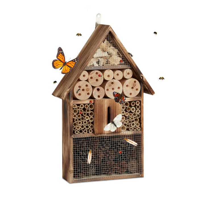 Hôtel à Insectes En Bois Brûlé 50 Cm – Refuge Naturel Pour Abeilles, Papillons & Coléoptères – Suspendable