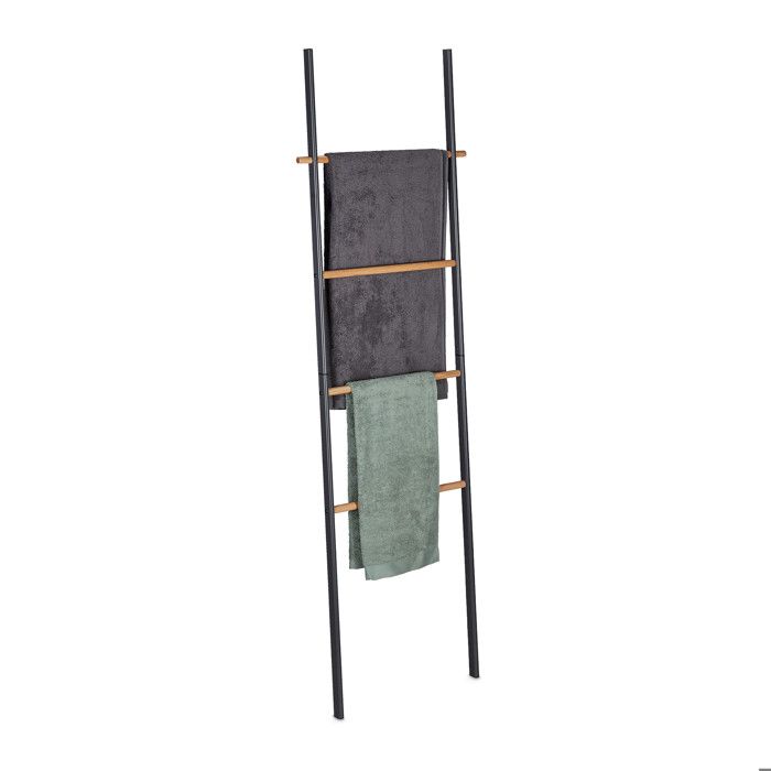Relaxdays Porte-serviettes échelle bois et métal 4 barreaux serviettes & vêtements 171x50x3 cm anthracite/naturel