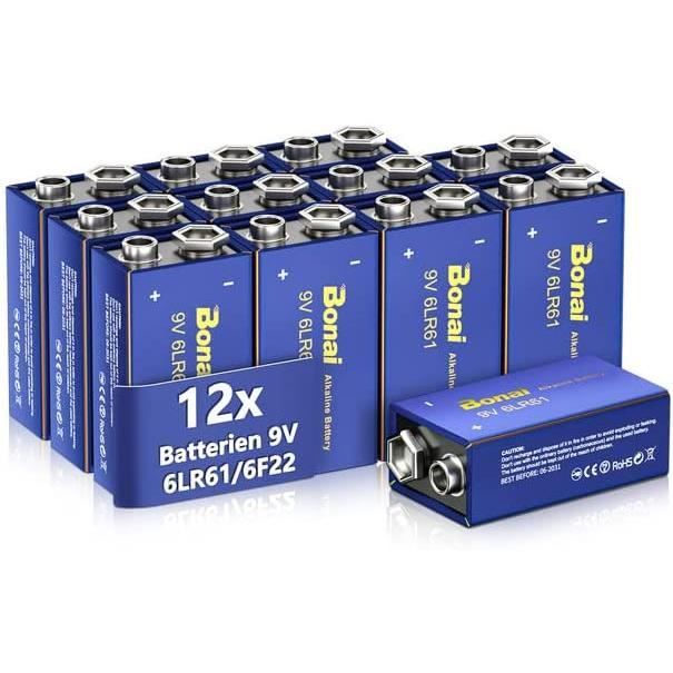 BONAI Longlife Piles Alcalines Longlife 9V 6F22 Batterie Bloc 6LR61 jetables 9 Volts pour
