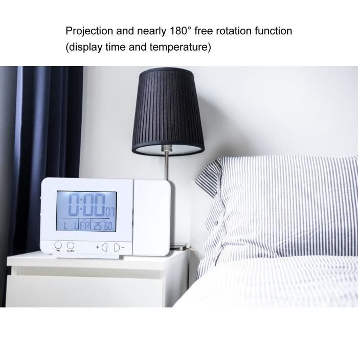 Réveil Projecteur LED - Rotation 180° Pour Plafond/Mur - Alarme Avec Rappel - USB