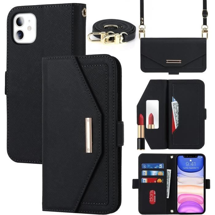 Étui Portefeuille Avec Cordon Pour IPhone 11 - Cuir PU, 4 Porte-cartes + Poche Zippée, Support Métallique Pivotant - Noir