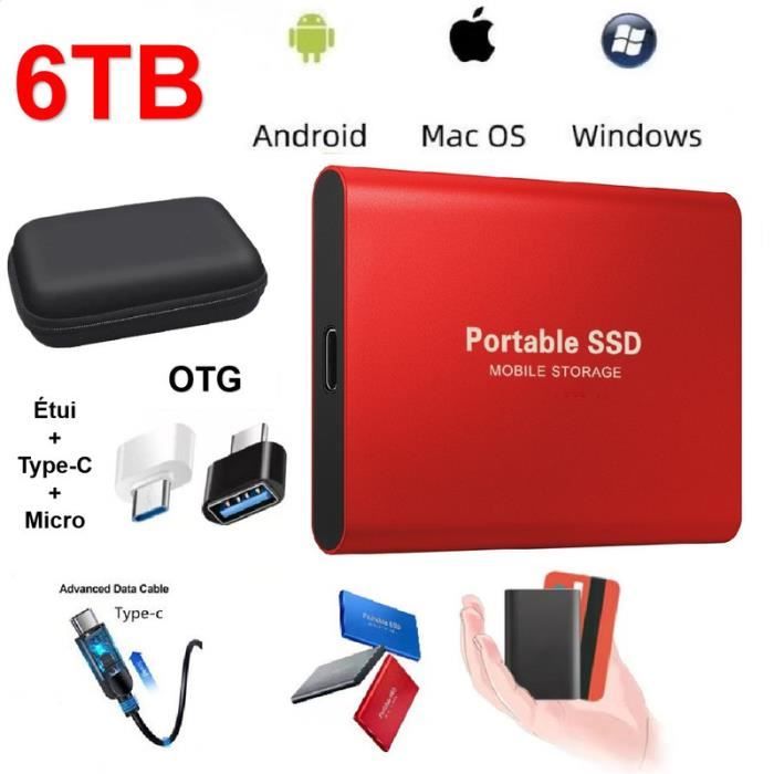 Disque Dur Externe Mini SSD Portable 6TB 6To Stockage Rouge avec OTG + Étui Housse Sac de Protection