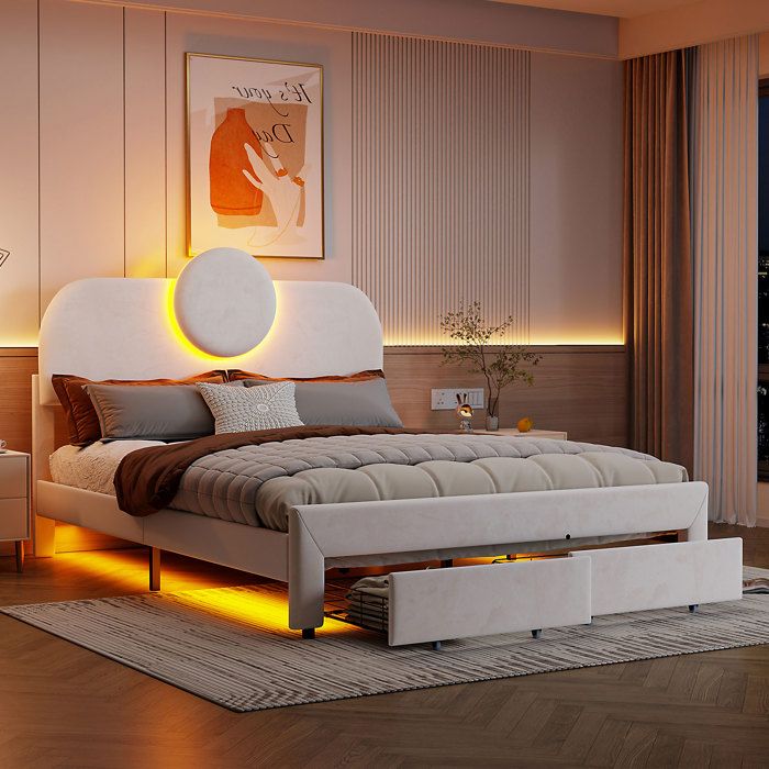 Lit Double 160x200 Avec Sommier LED, Rangements & USB - Tête De Lit Velours Blanc, Sans Matelas - 7