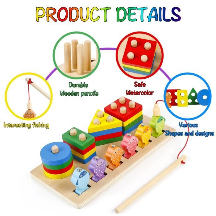 Jouet Montessori 7 En 1 Bois - Pêche Magnétique, Puzzle Numérique - 1-4 Ans