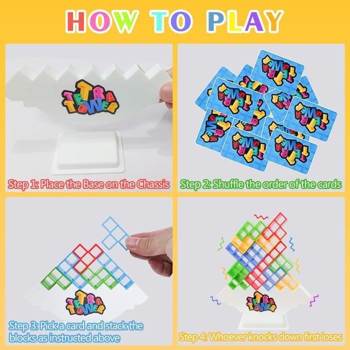 Jeu D’équilibre Tetra Tower – 16 Blocs Tetris Empilables – Cartes De Défi – Jouet Montessori éducatif