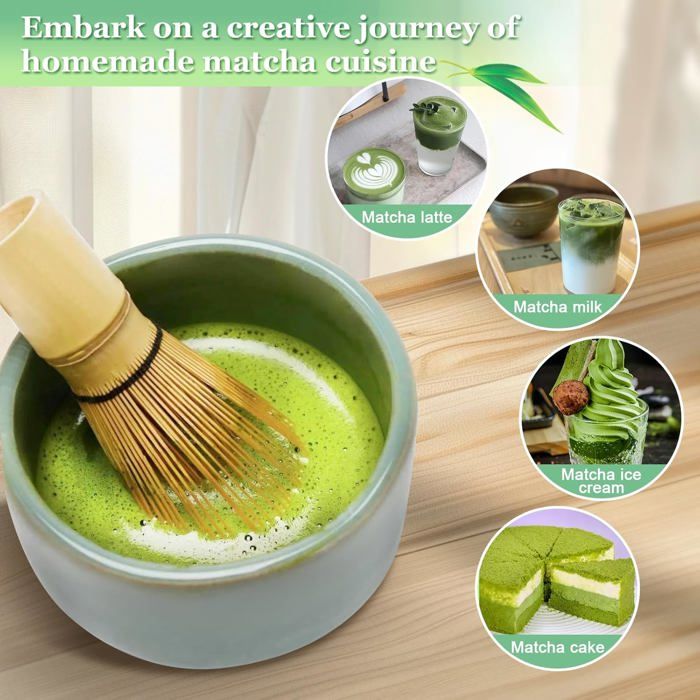 Fouet Matcha Bambou Kit Service à Thé Matcha Japonais - 4 Pièces (Fouet, Bol, Cuillère, Support) - Céramique Et Bambou Fouet Bambou Chasen