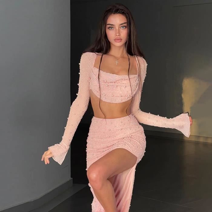Jupe ensemble 2 pieces rose Sexy avec jupe perlee pour femme haut court a manches evasees et longue jupe fendue White Skirt Set Blanc Cdiscount Pret a Porter
