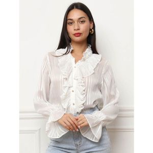 Chemisier Femme Allegra K – Blanc Semi-transparent – Manches Courtes Col Montant Dentelle – Taille L