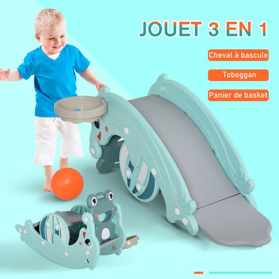 Cheval à Bascule Et Toboggan 4 En 1 - Jeu Intérieur Extérieur - Vert - 1-6 Ans - Panier Basket