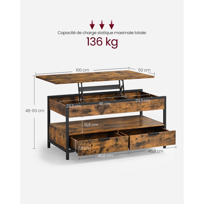 Table basse extensible à plateau relevable de 1250 mm avec tiroirs et table multifonction de rangement｜Homary