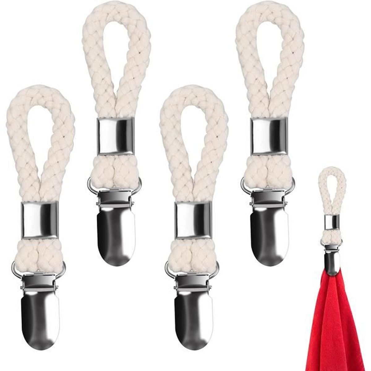 Lot De 4 Pinces à Serviettes Suspendues - Crochets Torchon Cuisine/Salle De Bain - Coton Et Métal - Blanc