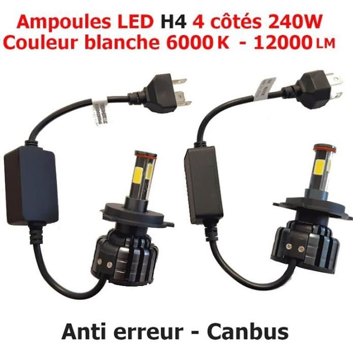 KIT AMPOULES CANBUS LED H4 480W 6000K AUTO MOTO FEU PHARE TRES PUISSANT