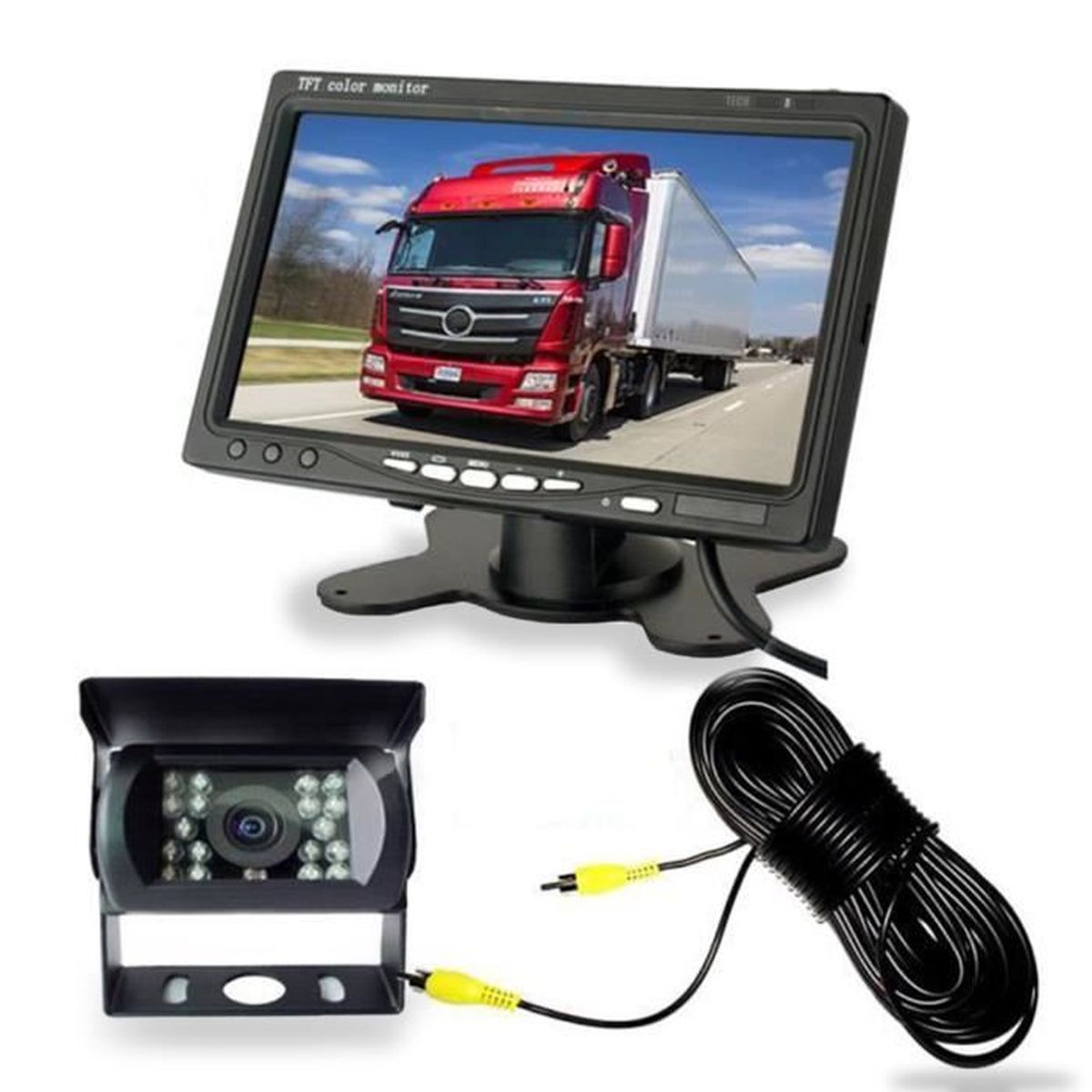 Caméra de Recul Voiture sans Fil 7 Pouces TFT LCD Miroir Moniteur 18 LEDs Vision Nocturne Étanche Caméra Arrière Inversée pour Camion Remorque RV Bus Camping-car. 