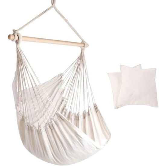 Hamac Suspendu Avec 2 Coussins - Chaise Balançoire En Coton 120kg - Pour Jardin, Balcon, Terrasse 130x100cm
