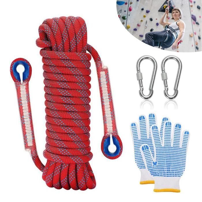 Corde d'escalade 16 mm - 10 m de Longueur, Corde de Sécurité avec Mousqueton