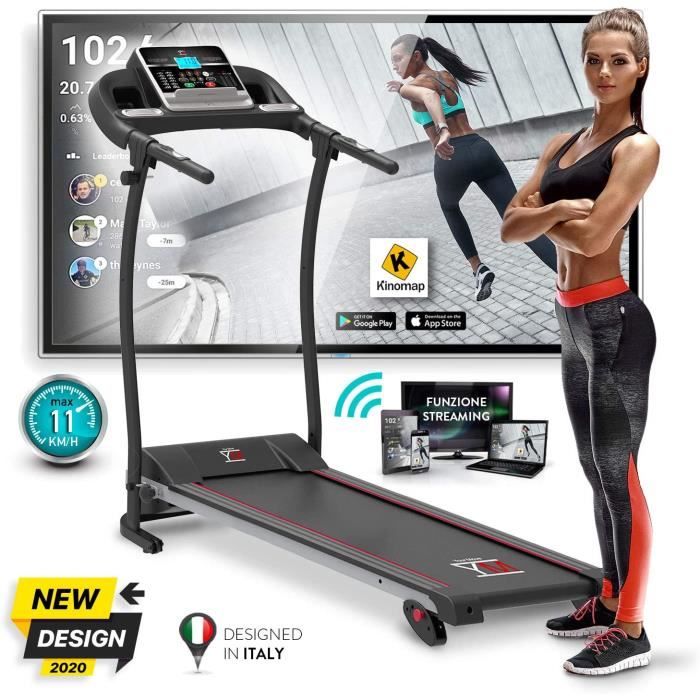 Tapis de Course Pliable 11 km/h, Nouvelle Modèle 2020, Bluetooth, App multiplayer-video KINOMAP, Capteur Cardiaque, Inclinaison, 12