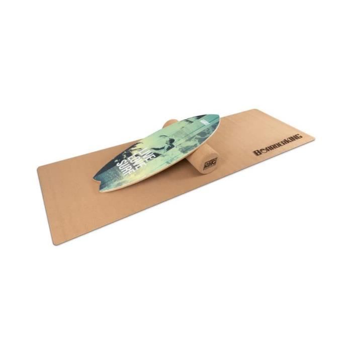 BoarderKING - Kit Indoorboard Wave : planche d'équilibre + tapis + rouleau - Bois-liège vert