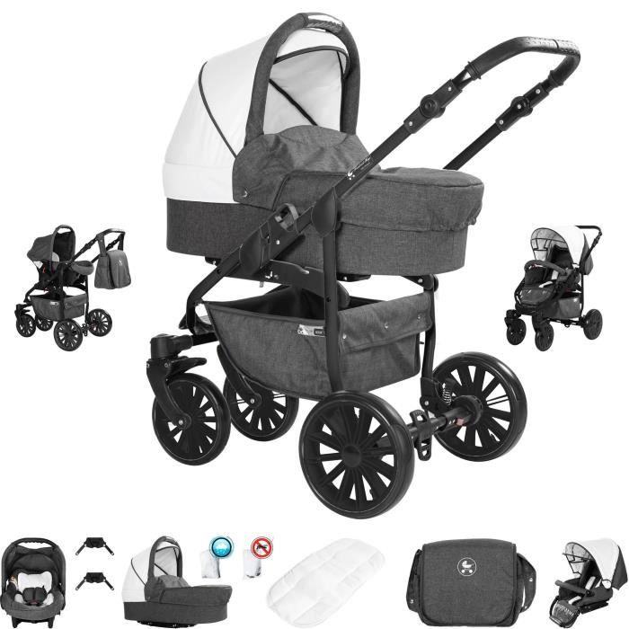 Friedrich Hugo Berlin - 3 en 1 poussette combiné pack de voyage - roue en airr - Couleur: Dark Grey and White Night