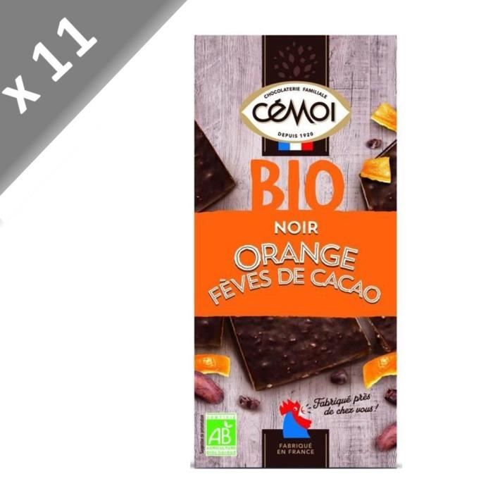 CEMOI Lot de 11 Tablettes - Bloc Chocolat noir, huile essentielle d'orange & éclats de fèves de cacao - Bio - 180 g