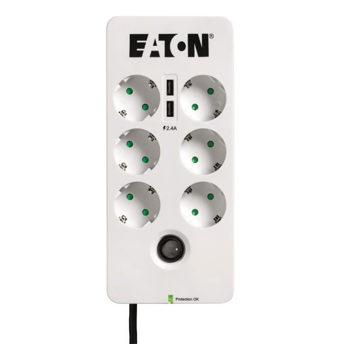 Multiprise/Parafoudre - EATON Protection Box 6 USB DIN - PB6UD - 6 prises DIN + 2 ports USB - Blanc & Noir
