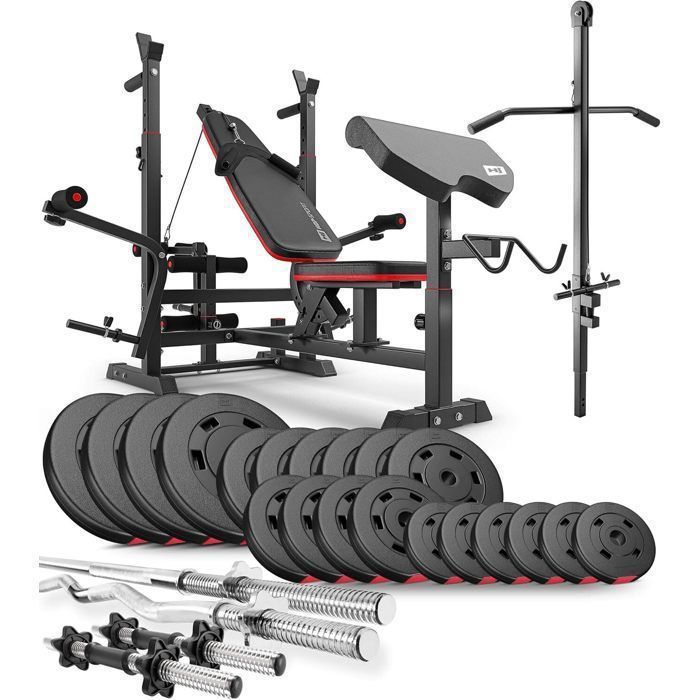 Banc de Musculation - Hop-Sport - HS-1075 - avec Barre Longue, Curl EZ et Barres Courtes Set d'haltères de 105kg