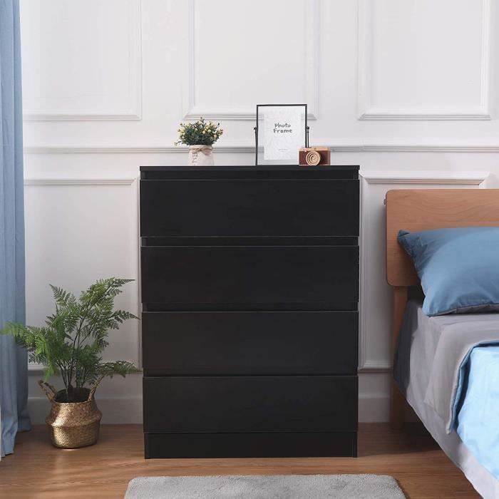 Commode de Chambre avec 4 Tiroirs Moderne - Table de Chevet - Noir , Bois, 70 x 40 x 96cm - MONDEER