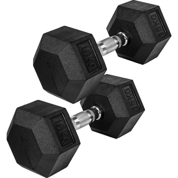 Movit® haltère hexagonal, Dumbbells en fonte avec revêtement caoutchouc, 2x15kg, barre chromée, moletée et antidérapante