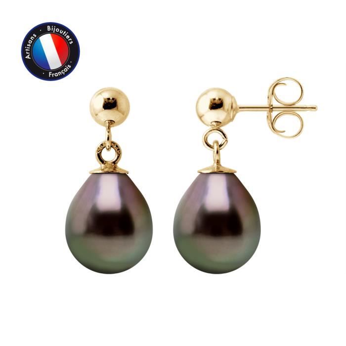 PERLINEA - Boucles d'Oreilles Comète - Véritables Perles de Culture de Tahiti - 8-9 mm - Or Jaune - Bijoux Femme