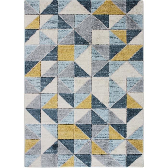 FJORD - Tapis aspect laineux motif carrés bleu et jaune 120x170
