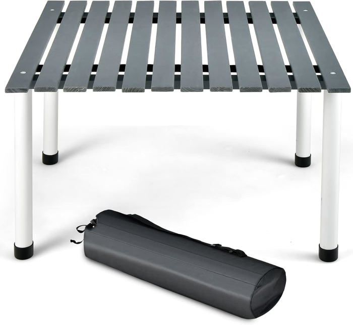 GOPLUS Table de Camping Pliable en Bois Table Pique-nique Enroulable avec Sac de Transport Charge 50KG 69x69x42CM Gris