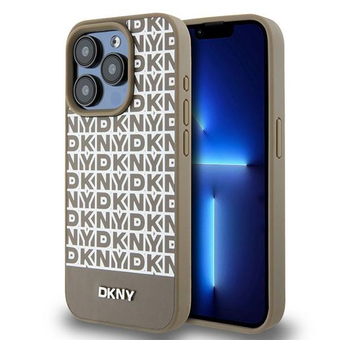 IPhone 15 Pro Max Case - DKNY Leather Printed Pattern Metal Logo MagSafe (DKHMP15XPSOSPW) - Brown