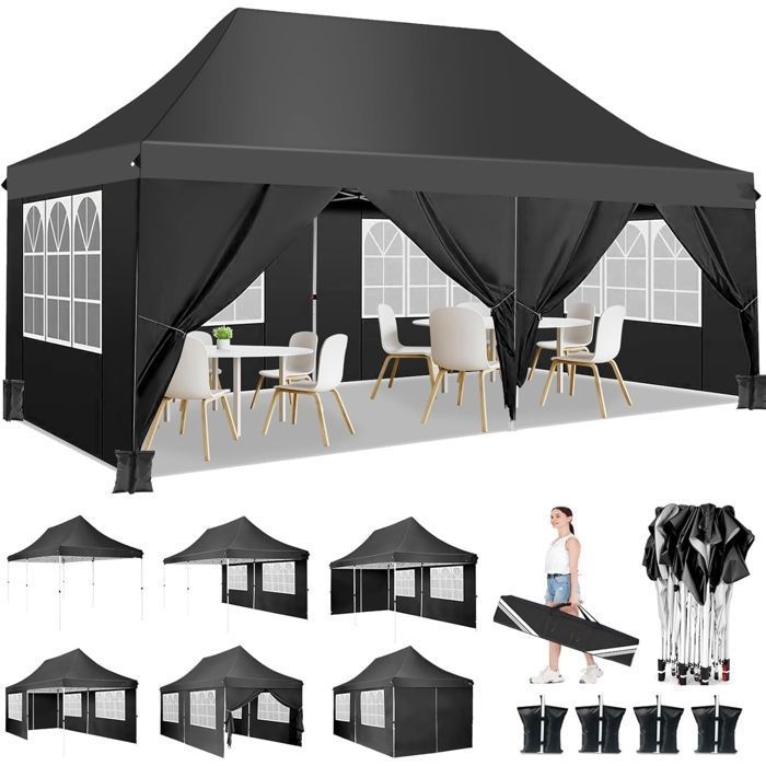 Tonnelle Pliante 3x6 Barnum Pliant Étanche Stable avec 6 Parois LatéralesTonnelle Tente UV 50+ -Noir