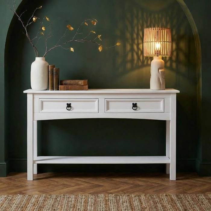 Table console RURAL table dappoint en pin massif blanc avec 2 tiroirs et 1 &eacute;tag&egrave;re meuble dentr&eacute;e style rustique en bois 